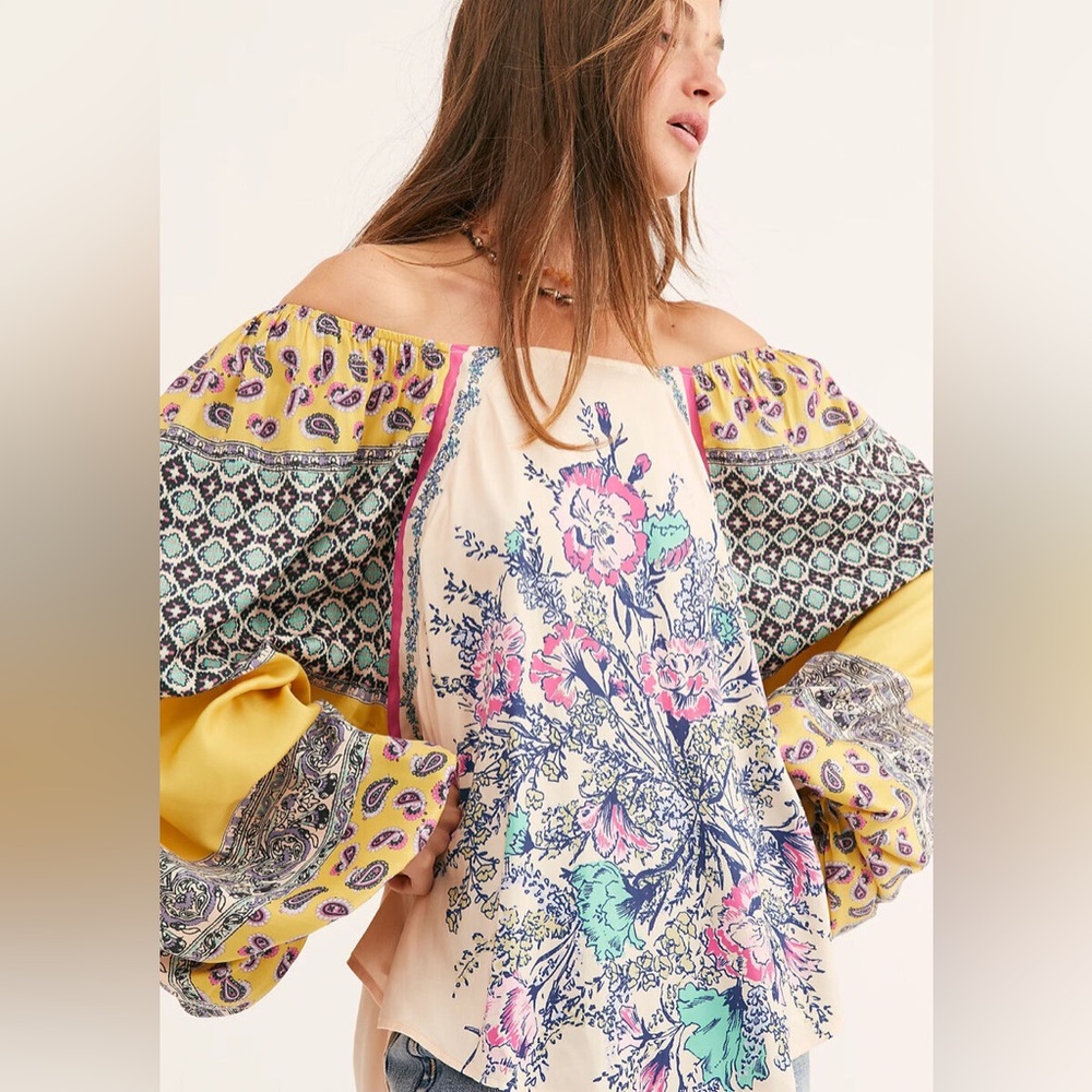Free People Ivory Positano Printed Blouse Floral Off Shoulder Billowy Yellow Top